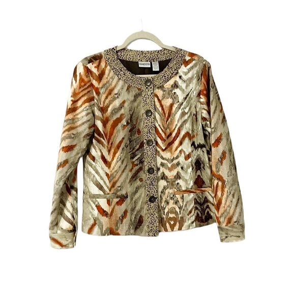 CHICOS Beige Orange Cream Zebra Watercolor Button Down Softshell Jacket Size 1 - Picture 1 of 6